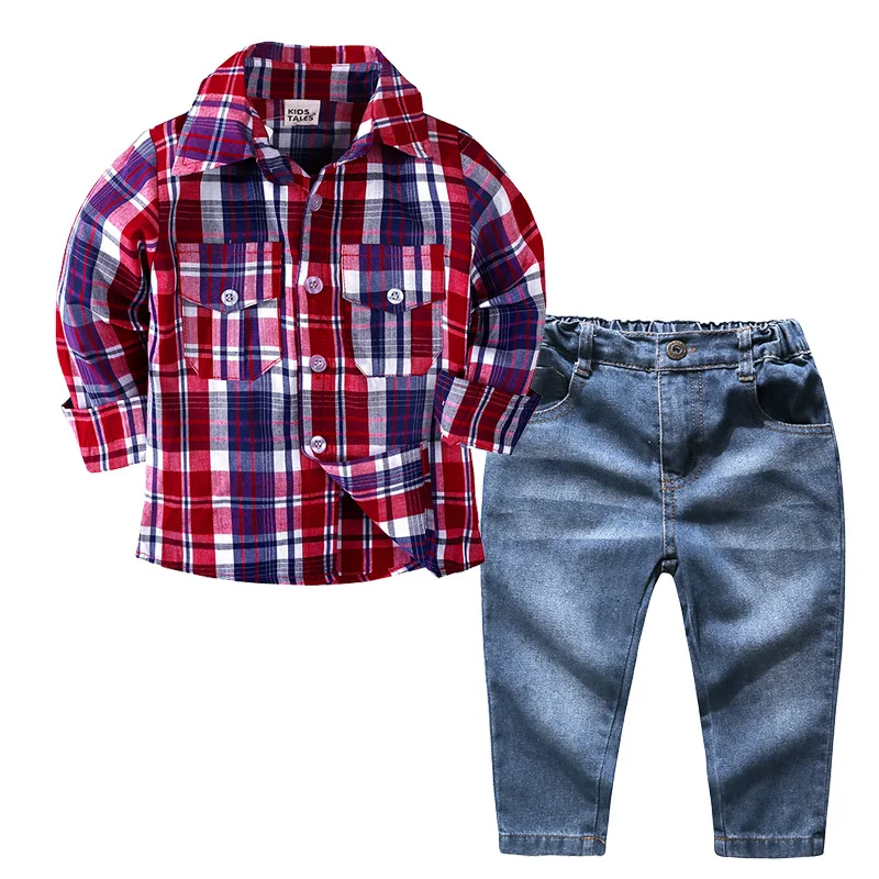 boy kids clothes cotton long sleeve button plaid shirt+blue jeans 2pcs chirldren set roupas infantis menina conjunto infantil |