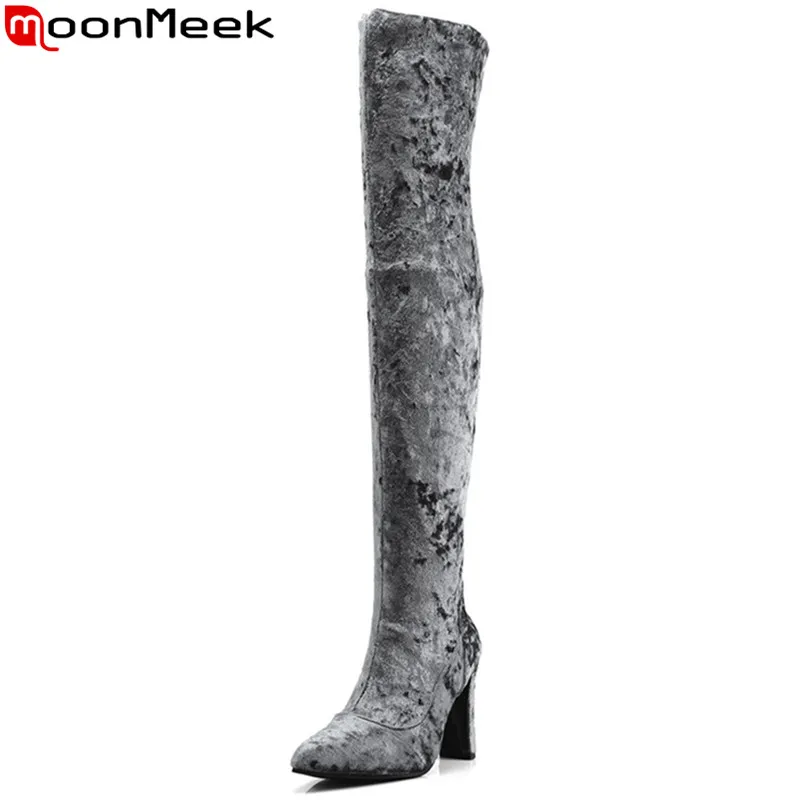 

MoonMeek 2020 fashion over the knee boots pointed toe ladies high heels boots flock elegant prom thigh high boots big size 33-43