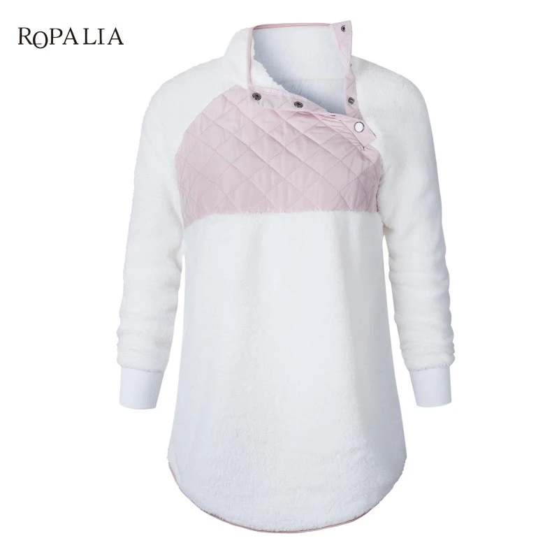  Women Fleece Sweatshirt High Neck Long Sleeve Warm Ladies Pullover Female Casual Loose Tops H9