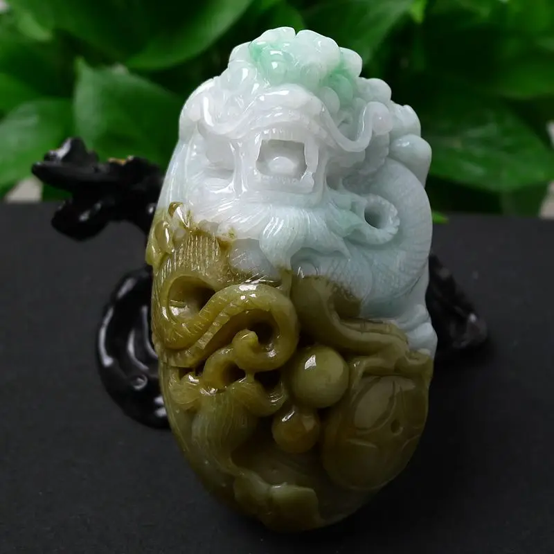 

Myanmar natural A goods jade old species features fine carving three color domineering dragon hand play pieces