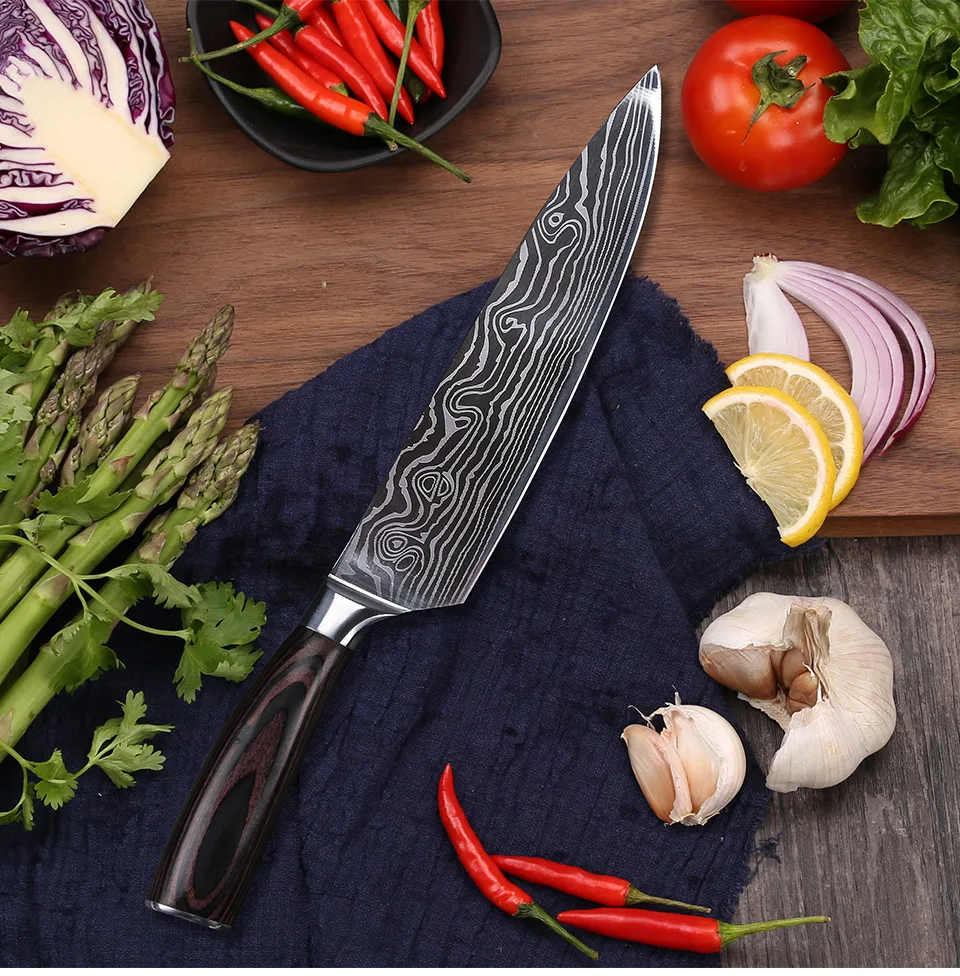 TURWHO 5 шт. набор кухонных ножей лезвия из нержавеющей стали Дамасские лазерные наборы шеф-ножей Santoku утилита для очистки овощей Кухонные инструменты для приготовления пищи