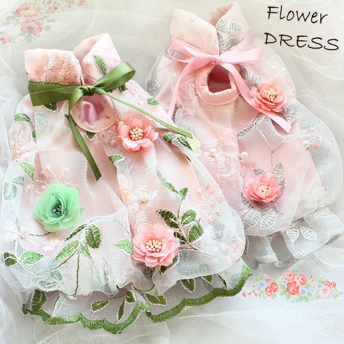 

Free shipping handmade dog clothes impatiens collar flower blooming embroidery bud dresses chiffon dog dress