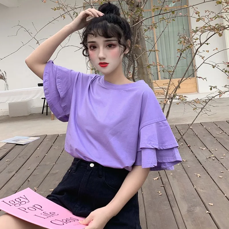 

Korean Loose Casual Ruffles Short Sleeve Simple tshirt Summer kawaii Solid t shirt harajuku ulzzang O-neck tees purple white top