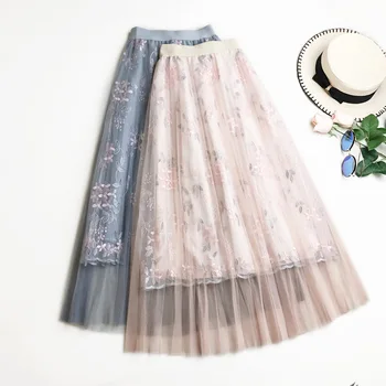

Floral Embroidery Mesh Skirts for Woman Summer New A-line Party Skirt Woman High Waist Female Midi Skirts
