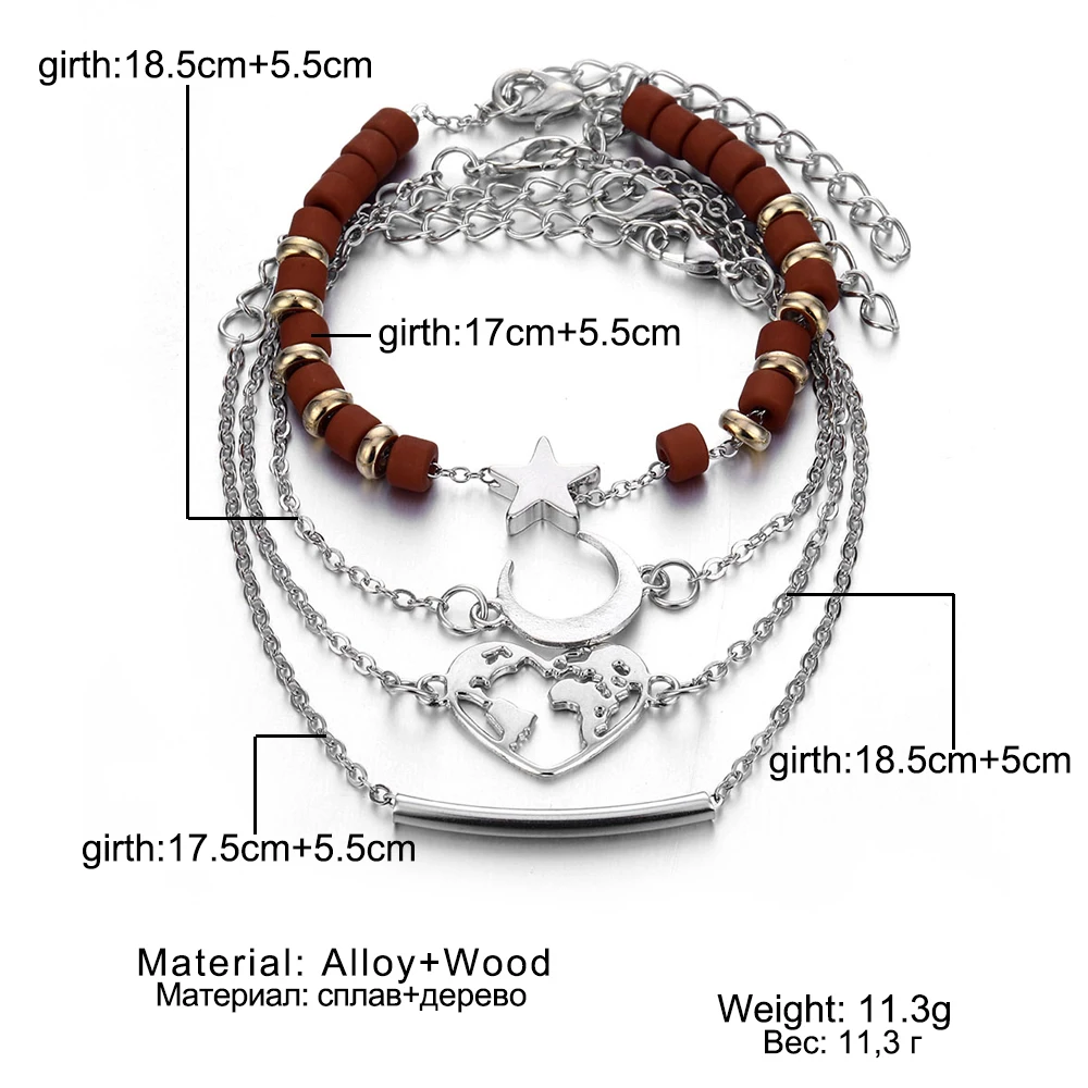 IPARAM 4 шт./компл. Винтаж Многослойные женский браслет набор серебряных «Луна», «Звезды» в виде геометрических фигур в форме сердца браслет ювелирные изделия