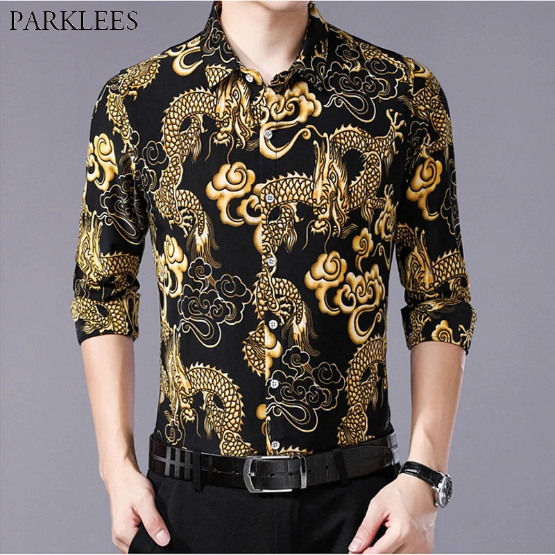 

Men's Hipster Chinese Dragon Print Dress Shirt Men Slim Fit Long Sleeve Camisa Masculina Casual Button Down Social Shirt Male