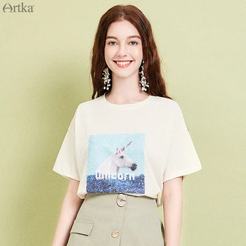 

ARTKA 2019 Summer New Women Short Sleeve Tee Casual Loose O-Neck Cotton T-shirt Cute Animal Printed Girls Tops TA10491C