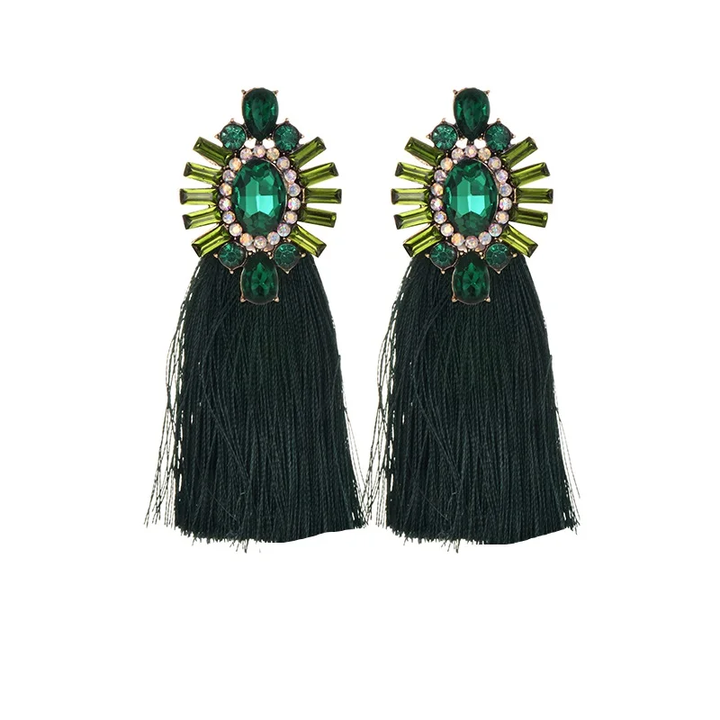 22 Colors Blue Long Tassel Earrings For Women Vintage Crystal Drop Earrings For Wedding Fashion Statement Jewelry - Окраска металла: dark green