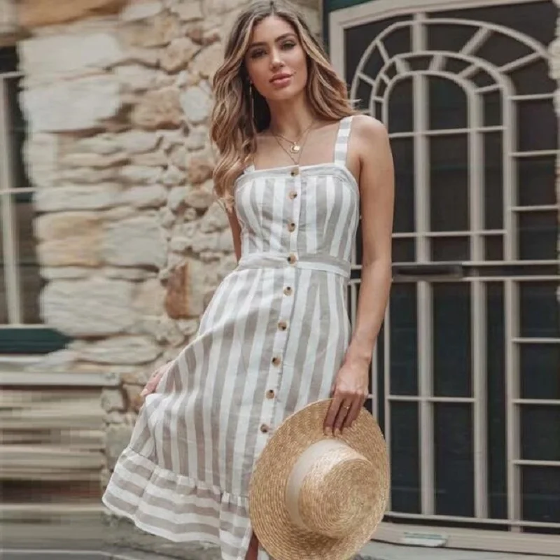 

Women Dress 2019 Fashions Khaki Striped Summer Dress Buttons Linen Beach Sundress Sexy Backless Bow Midi Dress Female Vestidos