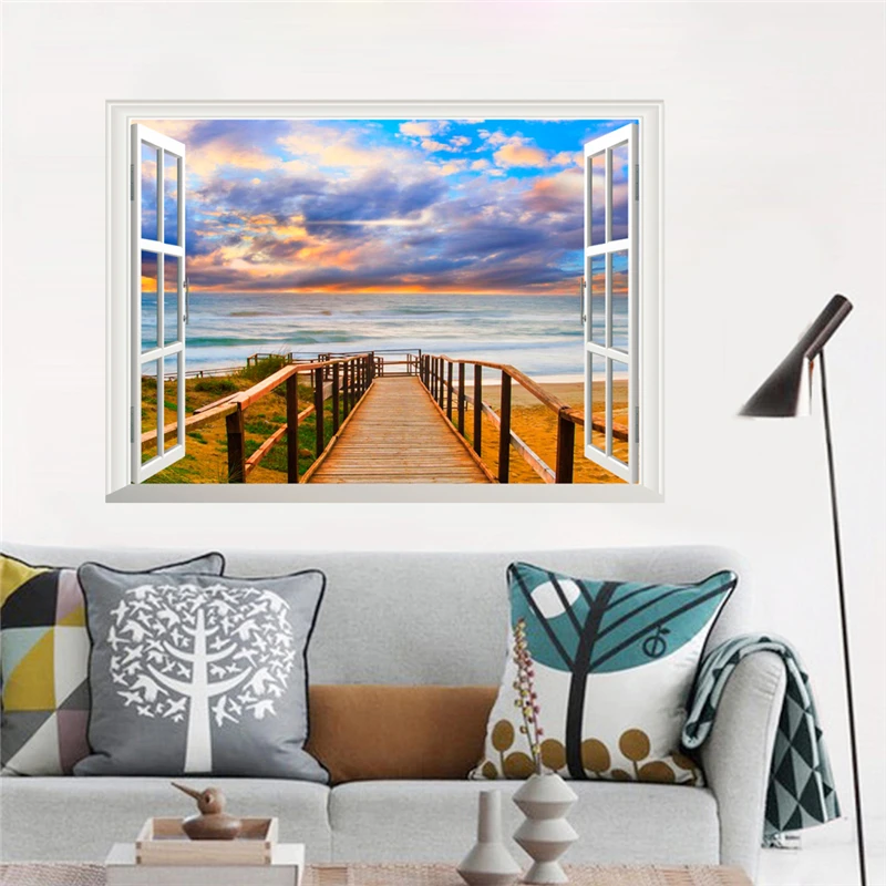 

3d view sea beach 50*70cm window wall stickers home decor living room natural scenery wall decals pvc mural art diy posters