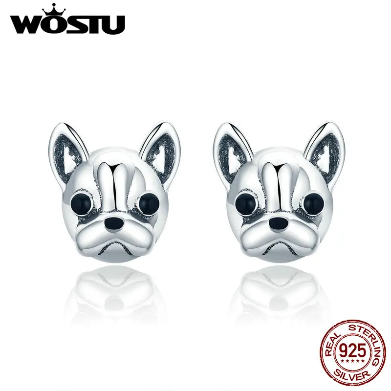 WOSTU 925 пробы серебряные ЛОЯЛЬНЫЕ партнеры Французский бульдог Собака Животное маленькие серьги гвоздики для женщин Oorbellen ювелирные изделия FIE283