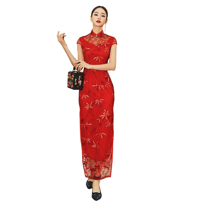 

New Arrival Red Lace Chinese Women's Elegant Qipao Classic Bride Bridesmaid Dress Cheongsam Sexy Long Embroidery Dress Clothing