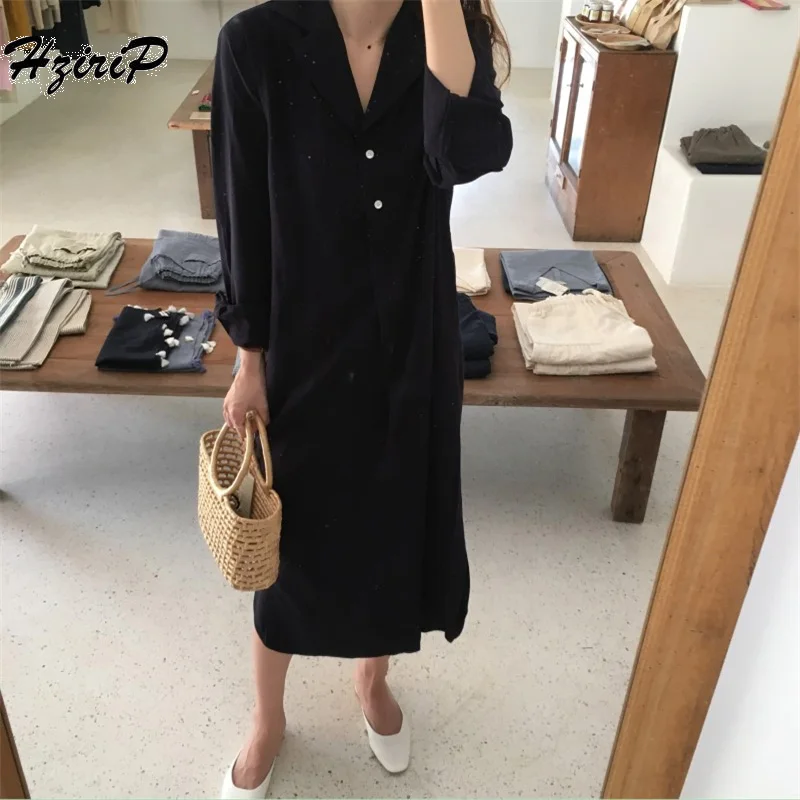 

HziriP 2018 Summer Autumn Women Office Dress Elegant Solid Turn-down Collar Long Sleeve Ladies Casual Long Dresses Robe Femme