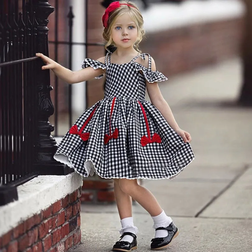 

Baby Knee Dress Girls 2019 Summer Children's Black Plaid Sling Bow Cotton Flying Sleeve Cute Party Dress Girl Princess Dresses