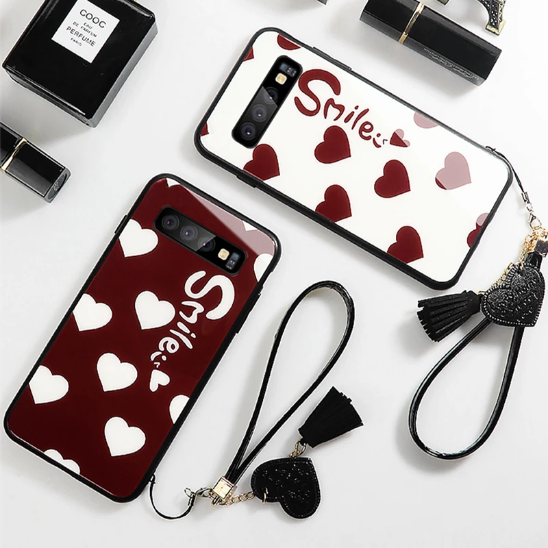 

Case & Strap For Samsung Galaxy S10 Plus S10e Case Glass Hard Cover For Samsung s10 Lite Note 8 9 Smile Love Heart lanyard funda