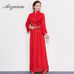 De las de Cheongsams de rojo de encaje bordado Qipao chino vestidos de boda novia tradiciones bata estilo Восточный