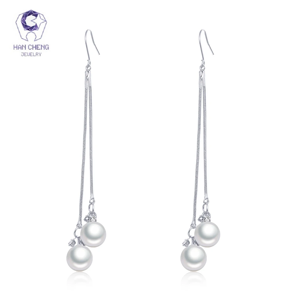

HanCheng New Fashion pearl ball Dangle Hanging Copper Silver Long Earrings Round Drop Earrings For Women Jewelry brincos bijoux