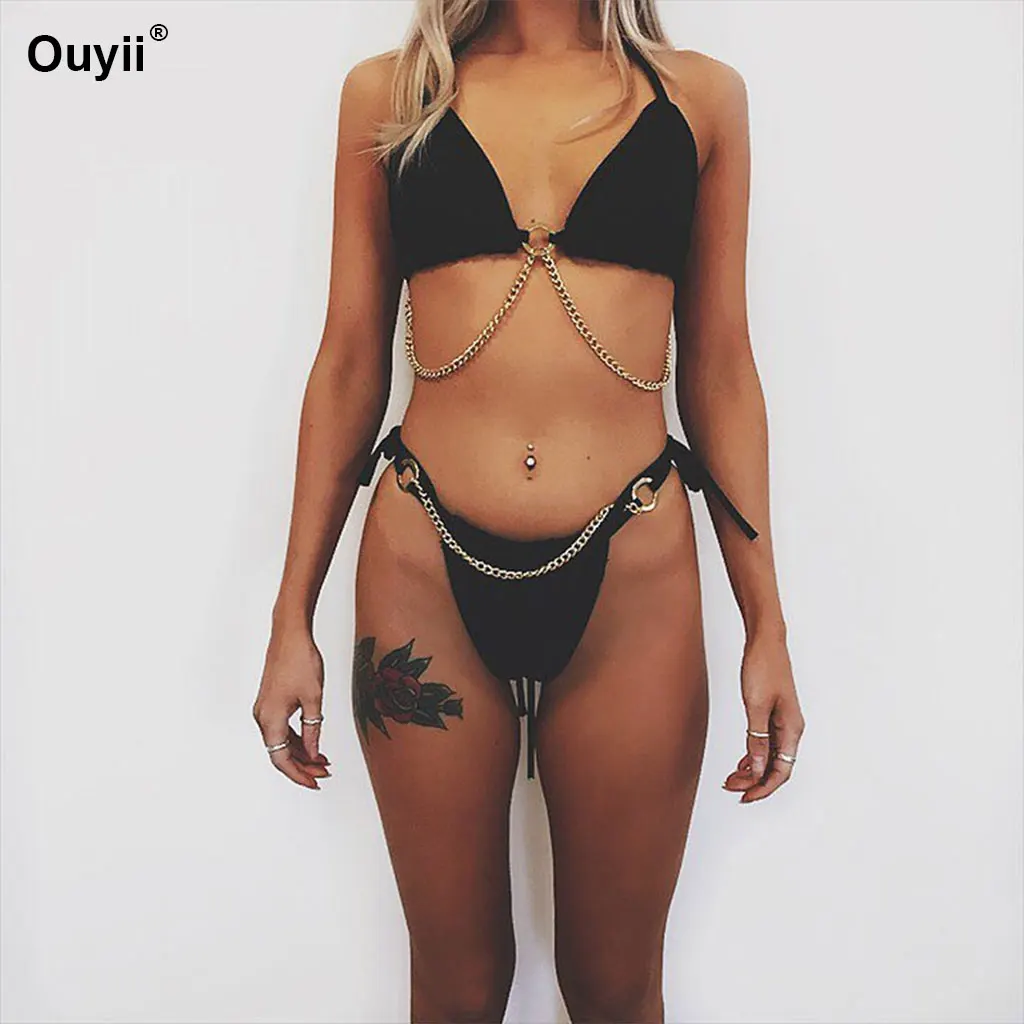 

Women's Swimwear Summer Bikini Strap Swimsuit Solid Color Chain Bikini Triangle Bag Swimwear 2019 Beach Swimwear Set