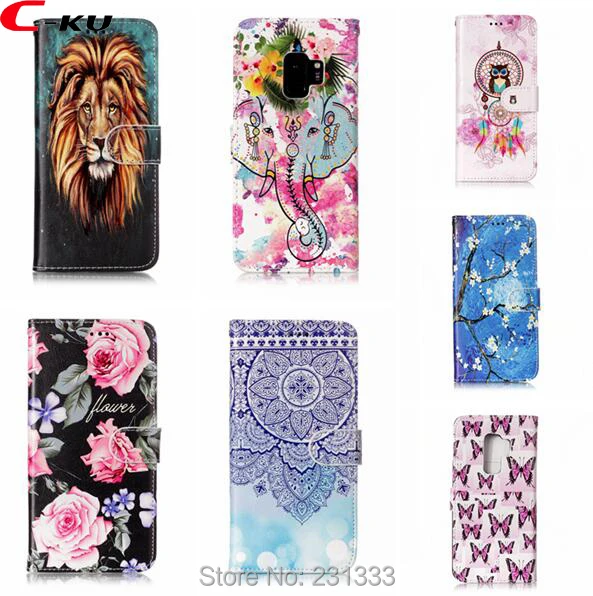 C-KU Cartoon OWL Oil Wallet Leather Pouch Case For Samsung Galaxy S9 PLUS Flower Skull Tiger TPU ID Card Stand Skin Fashion 1PCS | Мобильные