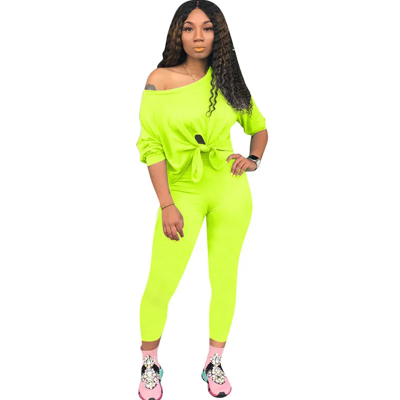 

Sexy One Shoulder Casual Two Piece Set Women Autumn Long Sleeve Sweatshirt Top and Ankle-length Pants Tracksuit Matching Sets