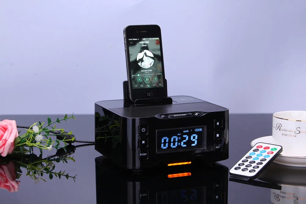 A9 Portable Wireless Bluetooth Speaker NFC FM Radio Alarm Clock 8 Pin&Micro Charger Dock Station fo
