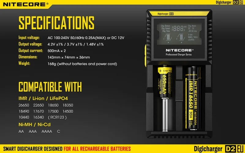 Бенчмарк в интеллектуальном зарядном устройстве s Nitecore D2 ЖК-дисплеи цифровой AA/18650 зарядное устройство для фонарика