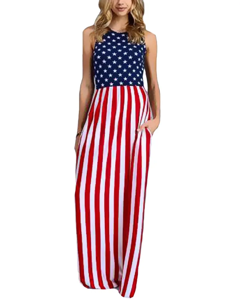 Womens Sleeveless USA American Flag Print Strips Summer Casual Long Maxi Tank Dress 