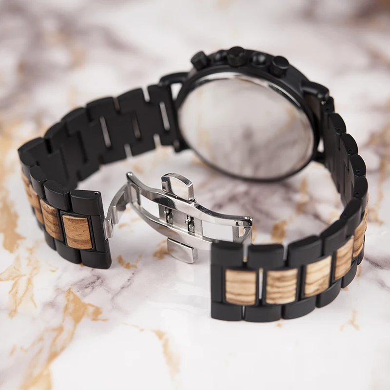 BOBO BIRD Top Luxury Brand Men Wood Watch Male Military Quartz Wristwatch With Wood Stainless Steel Band relogio masculino V-P09