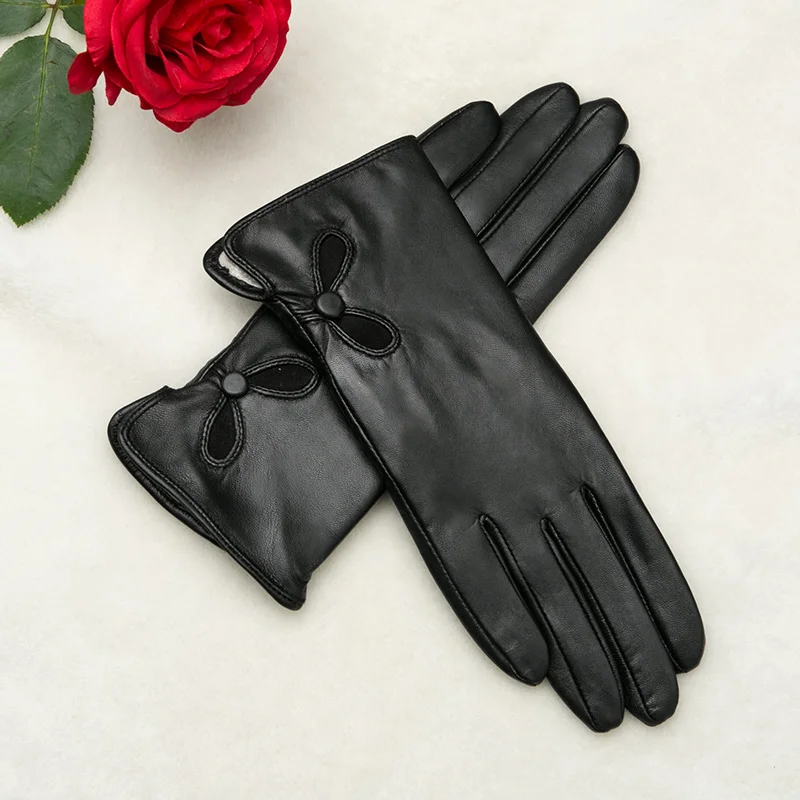 KLSS Brand Genuine Leather Black Women Gloves Autumn Winter Plus Velvet Fashion Elegant High Quality Goatskin Glove 715