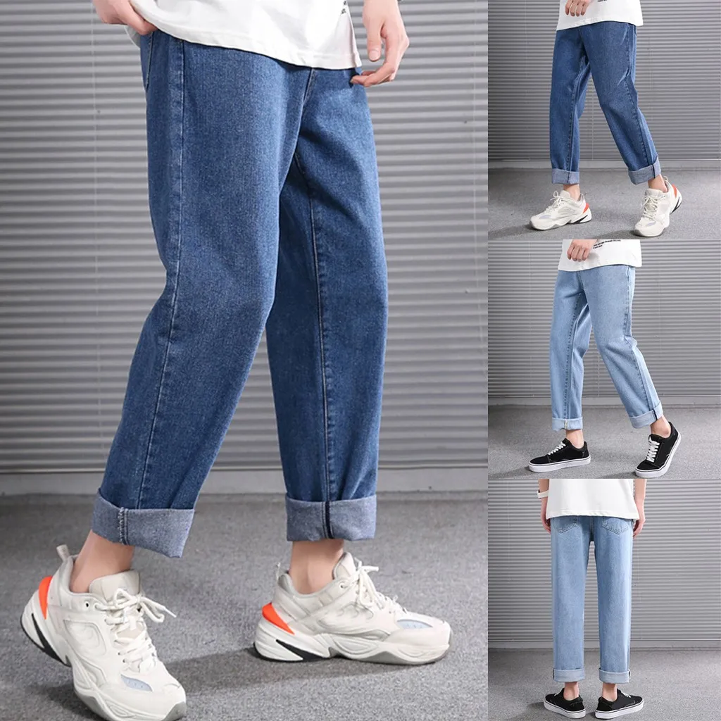 

2019 Spring New Men's Elastic Cotton Casual Jeans Pants Loose Straight Denim Trousers Men's Fashion Wear L0618