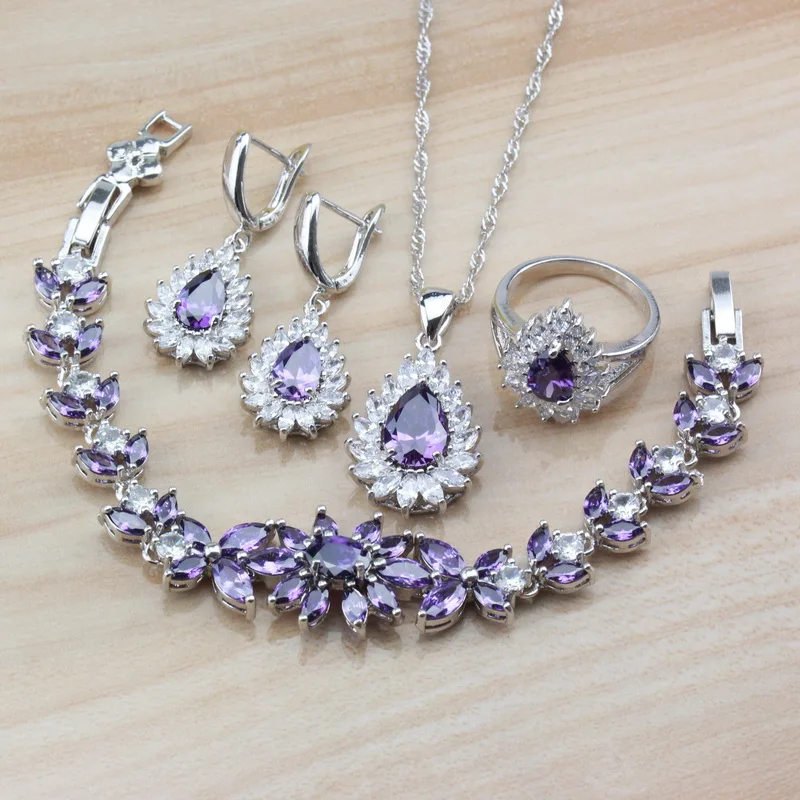 

Beautiful Young Women Romantic Wedding Costume With Natural Crystal Purple 925 Silver Jewelry Sets And Independent Jewelry Box