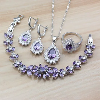 

Beautiful Young Women Romantic Wedding Costume With Natural Crystal Purple Silver Color Jewelry Sets And Independent Jewelry Box