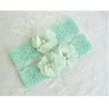 1 pair Mint Green Wedding Garter Set with Toss in Lace Bridal Chiffon Blossoms pearls and rhinestones