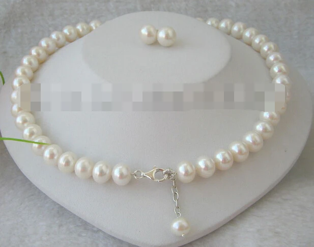 

free shipping 12615 white round freshwater pearl necklace & earring (A0423)