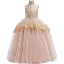 Новое Детское длинное платье для девочек Сетчатое газовое платье принцессы с позолоченными цветами вышивка золотой нитью, кружевное свадебное платье с цветочным узором для девочек
