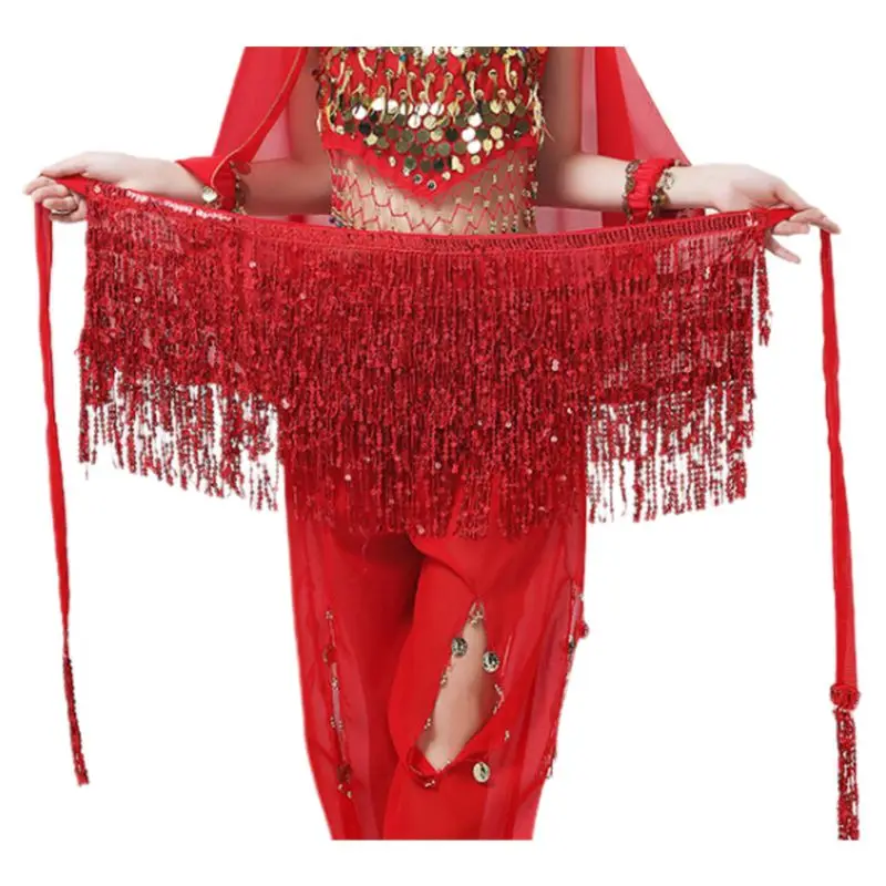 Женская летняя пляжная мини-юбка с блестками, кисточками и бахромой, для танца живота, хип-шарф, пояс для выступлений, праздничная одежда - Цвет: Red