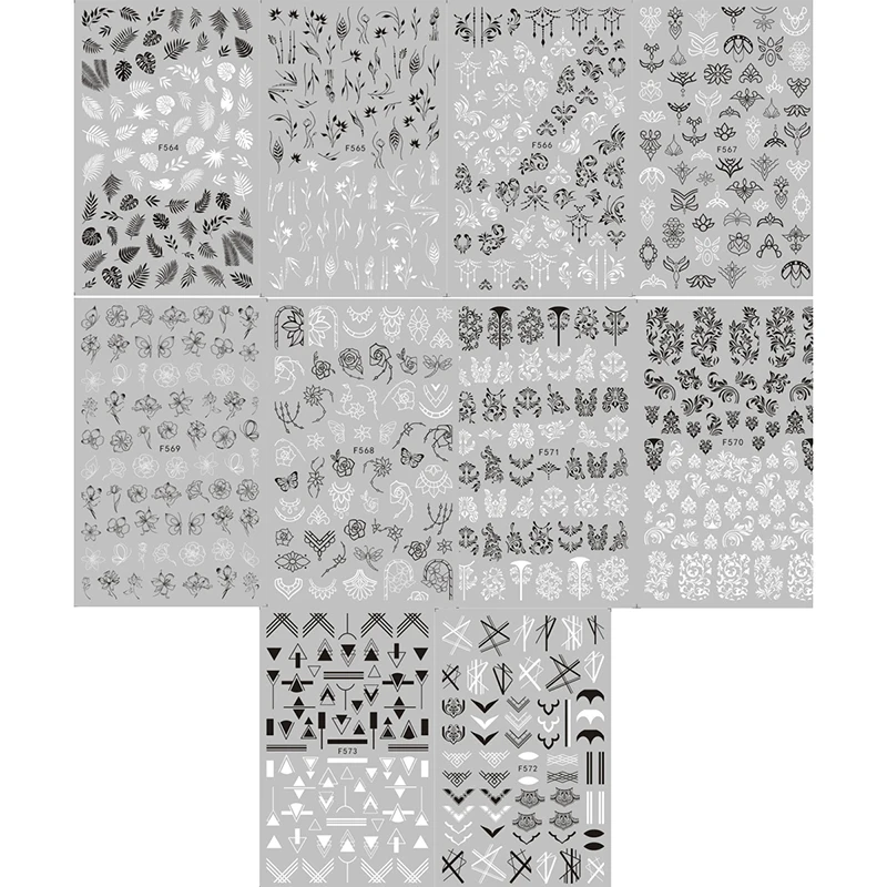 1 лист черная Мандала наклейки для ногтей цветы Тропический лист дизайн ногтей 3D наклейки геометрические бабочки розы клейкие наклейки слайдер