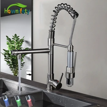 

Hownifety LED changevia temp rushed Nickel Kitchen Spring Faucet Hot & Cold Switch Faucet Deck Mounted Mixer Crane Single Hole