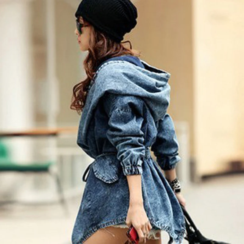 

GAOKE Spring autumn loose women denim belt waist tight fashion women trench long coat hooded