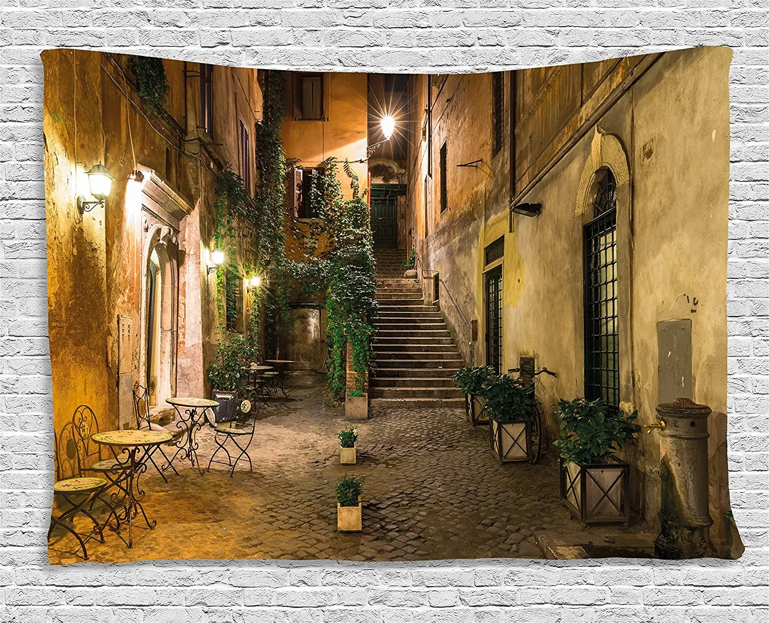 

Italian Decor Tapestry Old Courtyard in Rome Italy Cafe Chairs City Ambience Houses Street, Wall Hanging for Bedroom