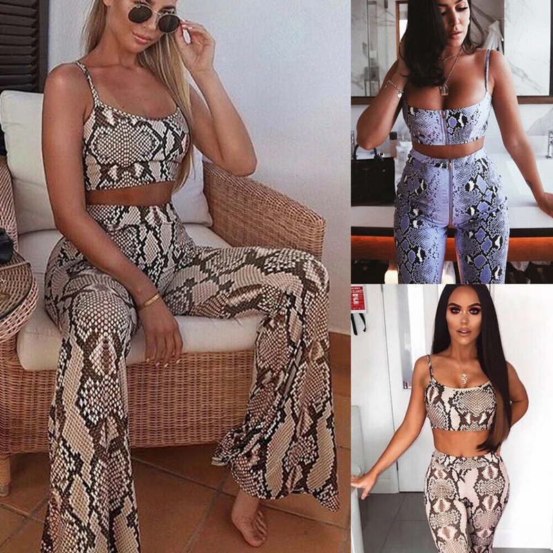

New Women Crop Top Bodycon Camis+Pants Two-piece Leopard Snakeskin Print Playsuit Bodysuit Jumpsuit Romper Set