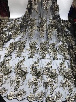 

NEW High Quality 2019 Tulle sequins Beaded French Nigerian Lace Fabrics Pearls Embroidered Guipure African 3d Lace Fabric gold