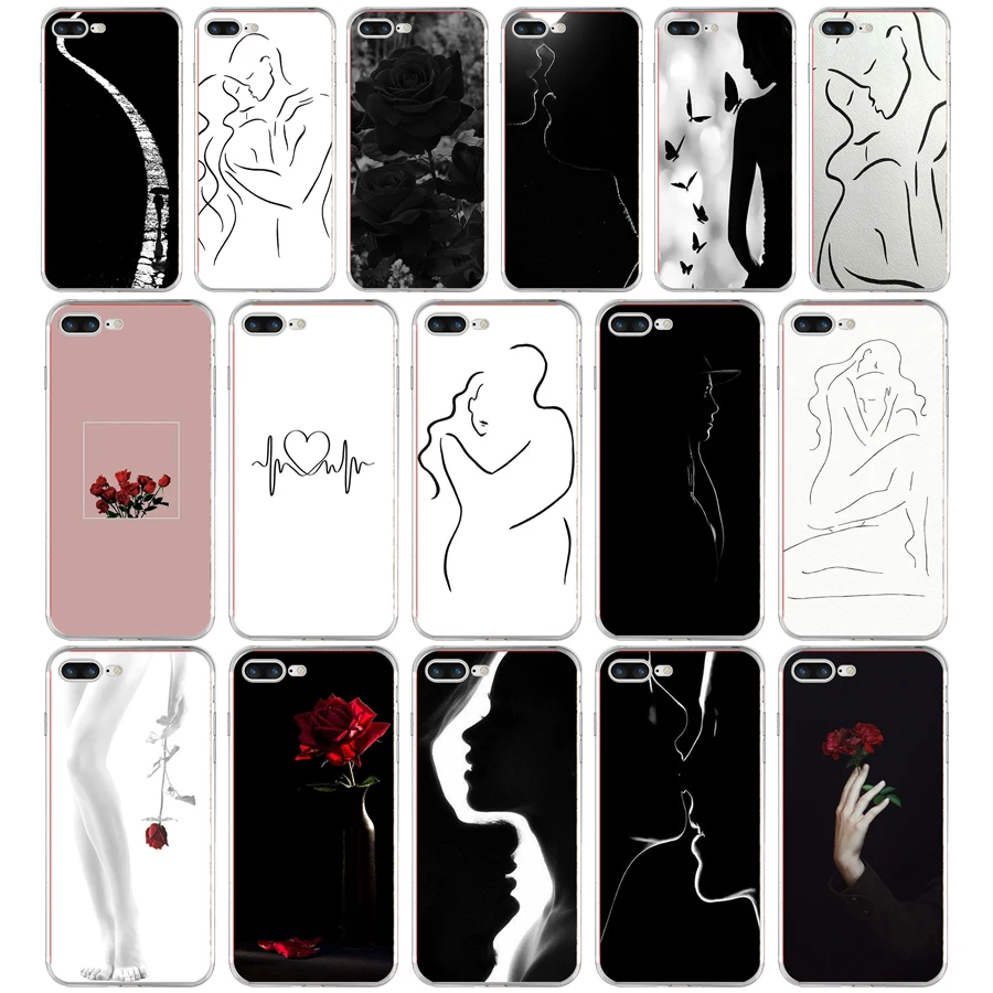 

242H Art White Line Kiss Love Heart Flower Rose Soft TPU Silicone Cover Case For Apple iPhone 6 6s 7 8 plus Case