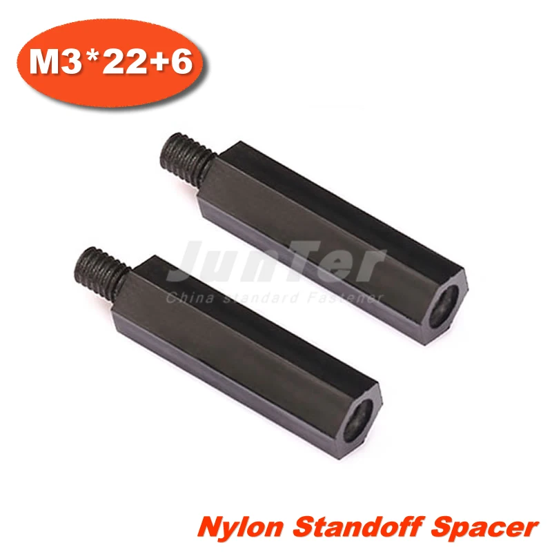 

100pcs/lot M3 Male x M3 Female -22mm Thread 6mm Black Nylon Standoff Spacer