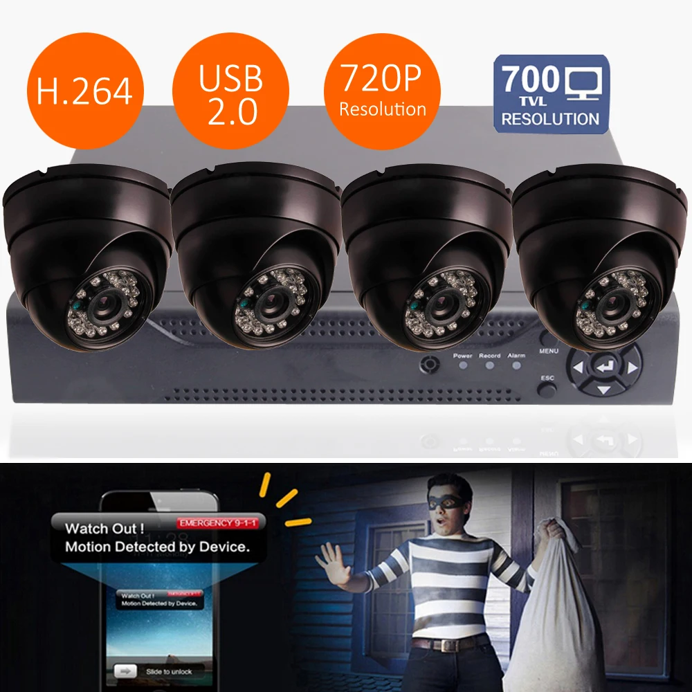 4CH H.264 Безопасности DVR NVR HD Широкоугольный CMOS 700TVL 24IR 3.6 мм высокого разрешения