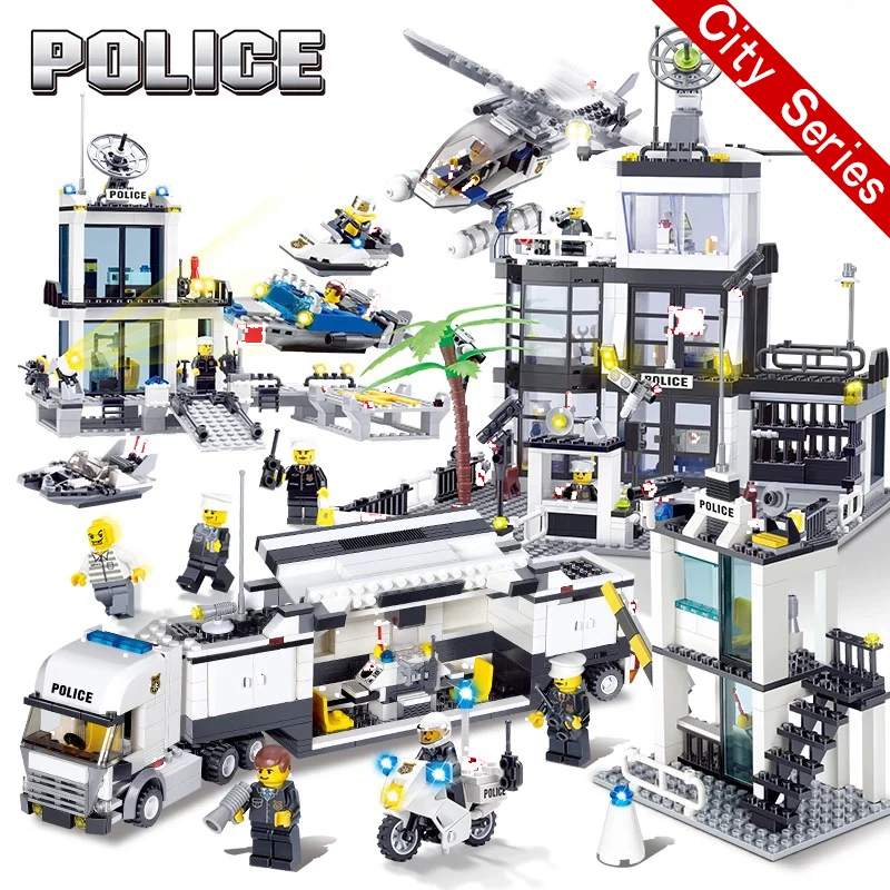 

KAZI Legoing City Police Station Helicopter Fire Rescue Building Blocks Mini Bricks Figures Enlighten Toys For Children Boys