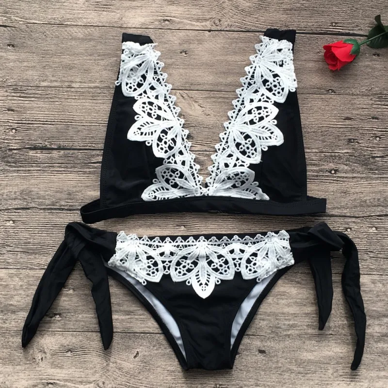 

Women Bikini 2018 Sexy Lace Solid V-neck Brazilian Bikini Set Swimwear Swimsuit Female Bathing Suit
