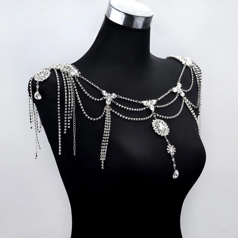 Himstory Rhinestone Crystal Bridal Shoulder Chain Necklace Tassels Dangle Bid Necklace Wedding Party Chokers Necklace Jewelry