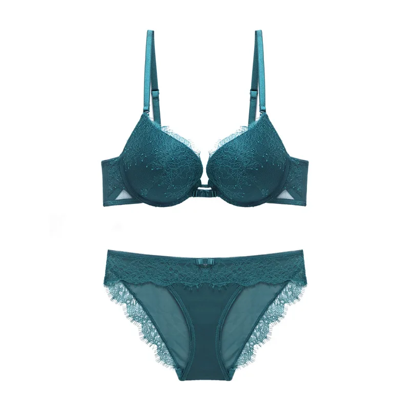 

Sexy Eyelash Lace Bra Set with Push Up Medium Padded Underwear for Girls Solid Green Bra with Removable Straps Bra and Panty Set