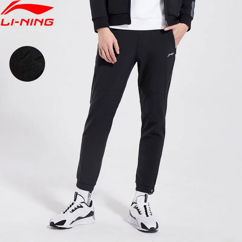Li-Ning, мужские тренировочные спортивные штаны, флисовые, теплые, 92% полиэстер, 8% спандекс, обычная посадка, подкладка, зимние спортивные штаны, AYKN383 COND18